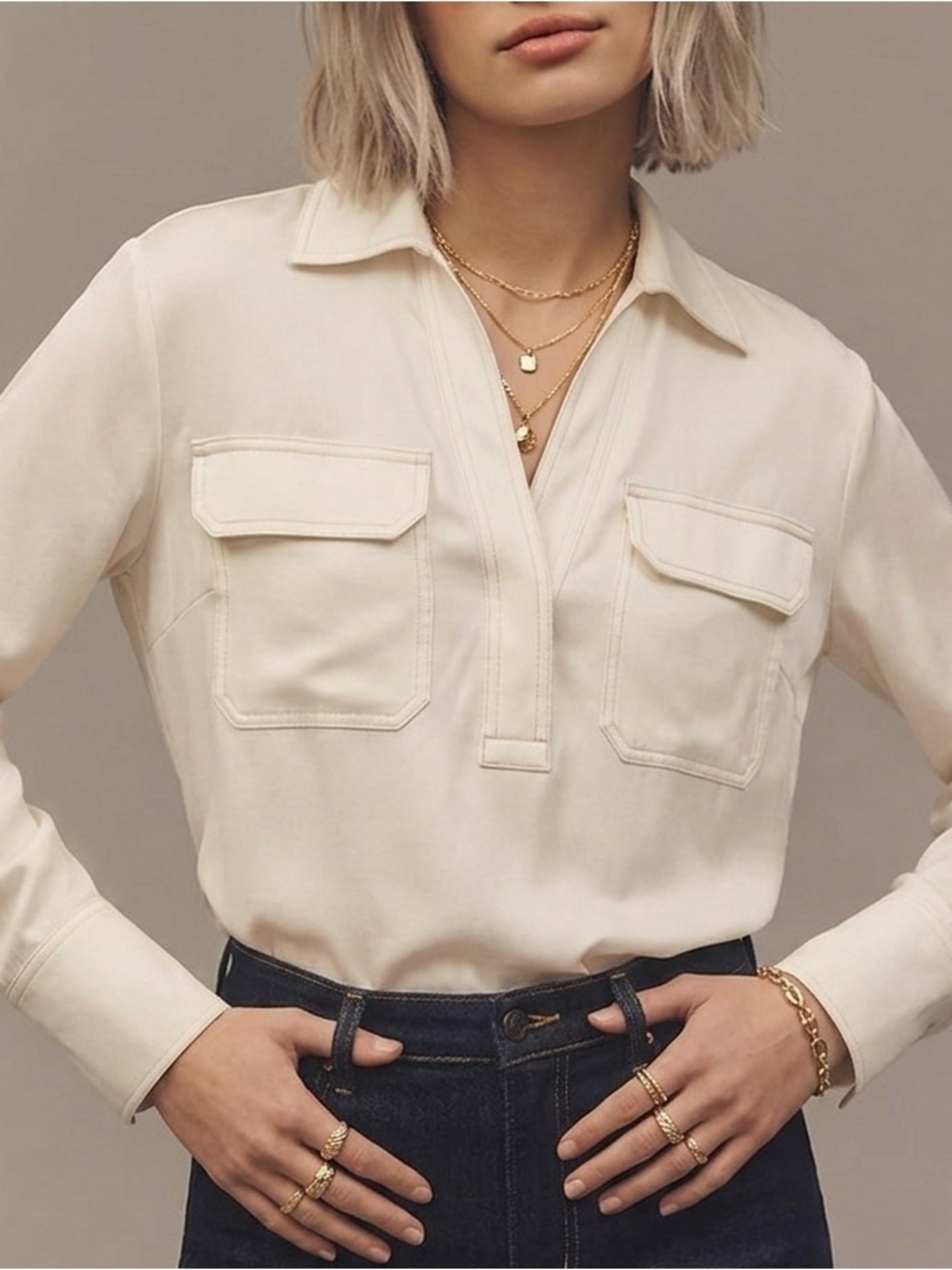 New MADEWELL Contrast Stitch Popover Blouse XS White Ivory Long Sleeve MSRP $118